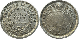 Moneda Republicana. Bolivia. 5 Centavos. 1891. C.B. Potosí. Anv: Escudo y estrellas; REPUBLICA BOLIVIANA // Rev: CINCO CENTs 9 Ds FINO dentro de coron...