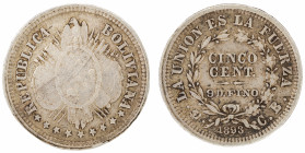 Moneda Republicana. Bolivia. 5 Centavos. 1893. C.B. Potosí. Anv: Escudo y estrellas; REPUBLICA BOLIVIANA // Rev: CINCO CENTs 9 Ds FINO dentro de coron...