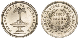 Moneda Privada. Bolivia. 5 Centavos. (-1876-). Potosí. Anv: PAGARÁ A LA VISTA DANIEL M. QUIROGA. CINCO CENTAVOS en 3 líneas dentro de una corona. // R...