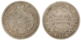 Moneda Republicana. Bolivia. 10 Centavos. 1871. E.R. Potosí. Anv: Escudo y estrellas; REPUBLICA BOLIVIANA // Rev: DIEZ Cts 2 Gms Y 5 Ds 9 Ds FINO dent...