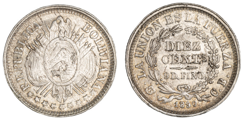 Moneda Republicana. Bolivia. 10 Centavos. 1871. C.B. Potosí. Anv: Escudo y estre...