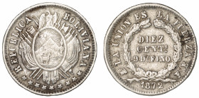 Moneda Republicana. Bolivia. 10 Centavos. 1872. F.E. Potosí. Anv: Escudo y estrellas; REPUBLICA BOLIVIANA // Rev: DIEZ Cts 2 Gms Y 5 Ds 9 Ds FINO dent...