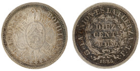 Moneda Republicana. Bolivia. 10 Centavos. 1885. F.E. Potosí. Anv: Escudo y estrellas; REPUBLICA BOLIVIANA // Rev: DIEZ Cts 2 Gms Y 5 Ds 9 Ds FINO dent...