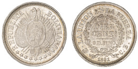 Moneda Republicana. Bolivia. 10 Centavos . 1891. C.B. Potosí. Anv: Escudo y estrellas; REPUBLICA BOLIVIANA // Rev: DIEZ Cts 2 Gms Y 5 Ds 9 Ds FINO den...