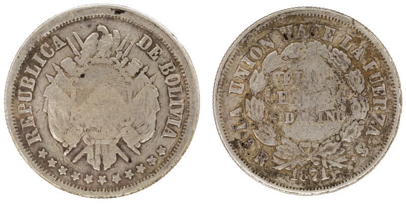 Moneda Republicana. Bolivia. 20 Centavos. 1871. E.R. Potosí. Anv: Escudo y estre...