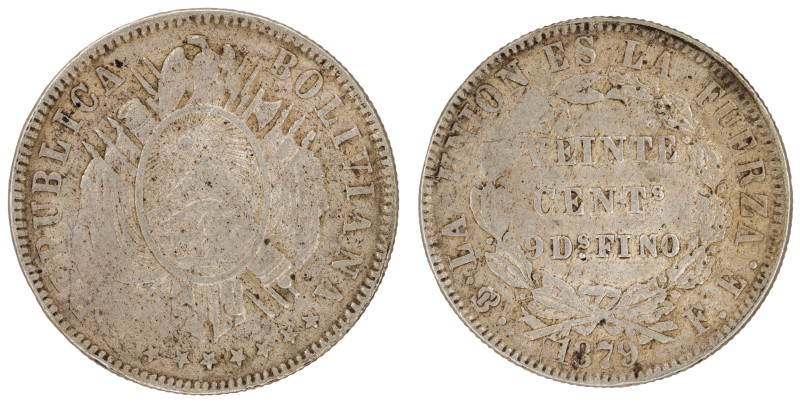 Moneda Republicana. Bolivia. 20 Centavos. 1879. F.E. Potosí. Anv: Escudo y estre...