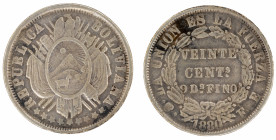 Moneda Republicana. Bolivia. 20 Centavos. 1880. F.E. Potosí. Anv: Escudo y estrellas; REPUBLICA BOLIVIANA // Rev: VEINTE CENTs 9 Ds FINO dentro de cor...