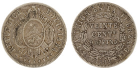 Moneda Republicana. Bolivia. 20 Centavos. 1882. F.E. Potosí. Anv: Escudo y estrellas; REPUBLICA BOLIVIANA // Rev: VEINTE CENTs 9 Ds FINO dentro de cor...