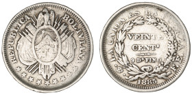 Moneda Republicana. Bolivia. 20 Centavos. 1885. F.E. Potosí. Anv: Escudo y estrellas; REPUBLICA BOLIVIANA // Rev: VEINTE CENTs 9 Ds FINO dentro de cor...