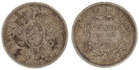 Moneda Republicana. Bolivia. 20 Centavos. 1886. F.E. Potosí. Anv: Escudo y estrellas; REPUBLICA BOLIVIANA // Rev: VEINTE CENTs 9 Ds FINO dentro de cor...