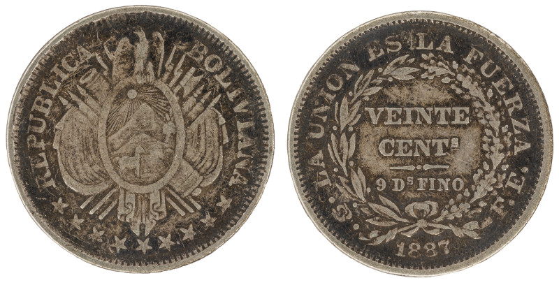 Moneda Republicana. Bolivia. 20 Centavos. 1887. F.E. Potosí. Anv: Escudo y estre...