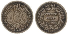 Moneda Republicana. Bolivia. 20 Centavos. 1887. F.E. Potosí. Anv: Escudo y estrellas; REPUBLICA BOLIVIANA // Rev: VEINTE CENTs 9 Ds FINO dentro de cor...