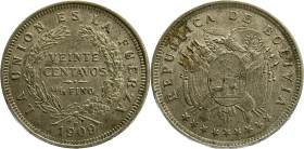 Moneda Republicana. Bolivia. 20 Centavos. 1909. Potosí. Anv: Escudo y estrellas; REPUBLICA DE BOLIVIA // Rev: VEINTE CENTAVOS 10/12 FINO dentro de cor...