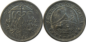 Moneda Republicana. Bolivia. 10 Centavos. 1942. Anv: Emblema de Bolivia, el sol, dos montañas (el Cerro Rico y el Cerro menos), una capilla, una palme...