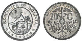 Moneda Republicana. Bolivia. 20 Centavos 1942. Anv: Emblema de Bolivia, el sol, dos montañas (el Cerro Rico y el Cerro menos), una capilla, una palmer...