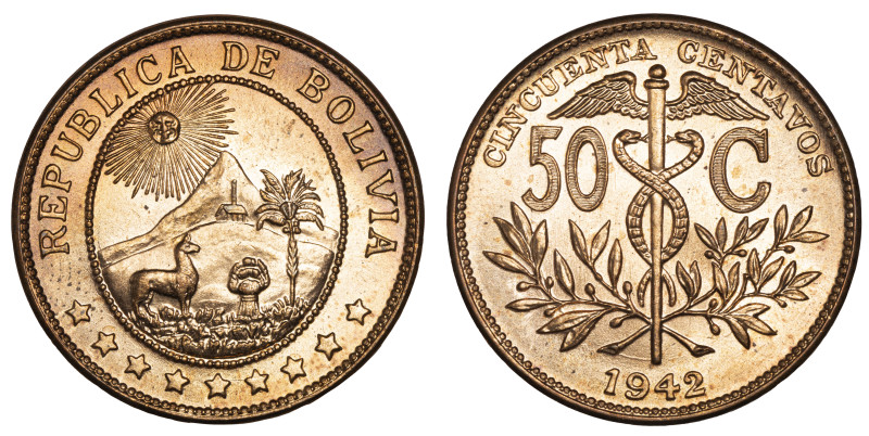 Moneda Republicana. Bolivia. 50 Centavos. 1942. Anv: Emblema de Bolivia, el sol,...