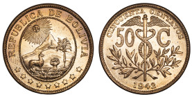 Moneda Republicana. Bolivia. 50 Centavos. 1942. Anv: Emblema de Bolivia, el sol, dos montañas (el Cerro Rico y el Cerro menos), una capilla, una palme...