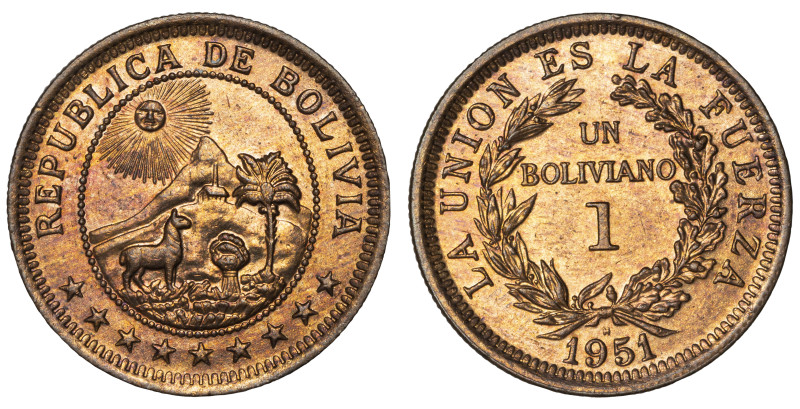 Moneda Republicana. Bolivia. 1 Boliviano. 1951. Potosí. Anv: Emblema de Bolivia,...