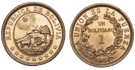 Moneda Republicana. Bolivia. 1 Boliviano. 1951. Potosí. Anv: Emblema de Bolivia, el sol, dos montañas (el Cerro Rico y el Cerro menos), una capilla, u...