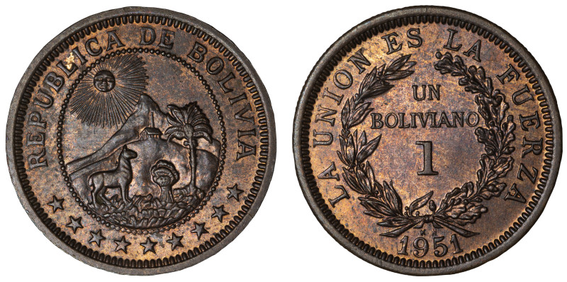 Moneda Republicana. Bolivia. 1 Boliviano. 1951. Potosí. Anv: Emblema de Bolivia,...