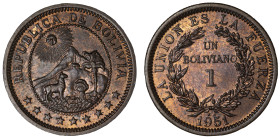 Moneda Republicana. Bolivia. 1 Boliviano. 1951. Potosí. Anv: Emblema de Bolivia, el sol, dos montañas (el Cerro Rico y el Cerro menos), una capilla, u...