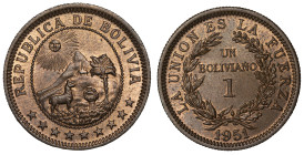 Moneda Republicana. Bolivia. 1 Boliviano. 1951. Potosí. Anv: Emblema de Bolivia, el sol, dos montañas (el Cerro Rico y el Cerro menos), una capilla, u...