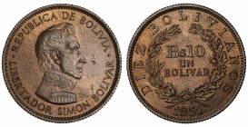 Moneda Republicana. Bolivia. 1 Bolívar. 1951. Anv: Busto de Simón Bolívar mirando hacia la derecha; REPUBLICA DE BOLIVIA · LIBERTADOR SIMON BOLIVAR. /...