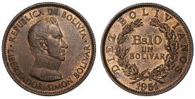 Moneda Republicana. Bolivia. 1 Bolívar. 1951. Anv: Busto de Simón Bolívar mirando hacia la derecha; REPUBLICA DE BOLIVIA · LIBERTADOR SIMON BOLIVAR. /...