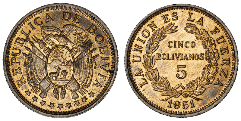 Moneda Republicana. Bolivia. 5 Bolivianos. 1951. Potosí. Anv: REPUBLICA DE BOLIV...