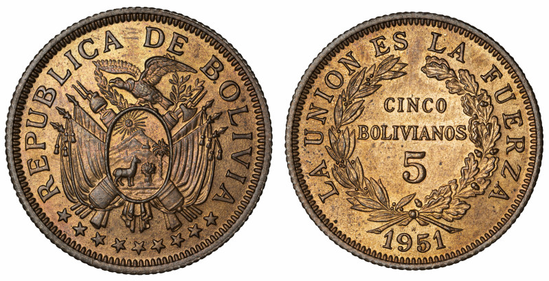 Moneda Republicana. Bolivia. 5 Bolivianos. 1951. Potosí. Anv: REPUBLICA DE BOLIV...