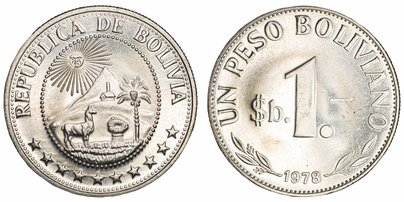 Moneda Republicana. Bolivia. 1 Peso Boliviano. 1978. Anv: Emblema de Bolivia, el...