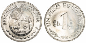 Moneda Republicana. Bolivia. 1 Peso Boliviano. 1978. Anv: Emblema de Bolivia, el sol, dos montañas (el Cerro Rico y el Cerro menos), una capilla, una ...