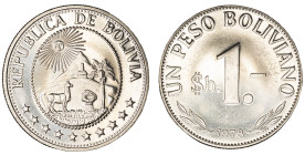 Moneda Republicana. Bolivia. 1 Peso Boliviano. 1978. Anv: Emblema de Bolivia, el sol, dos montañas (el Cerro Rico y el Cerro menos), una capilla, una ...