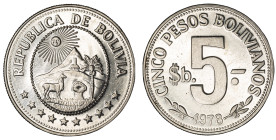 Moneda Republicana. Bolivia. 5 Pesos Bolivianos. 1978. Anv: Emblema de Bolivia, el sol, dos montañas (el Cerro Rico y el Cerro menos), una capilla, un...