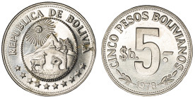 Moneda Republicana. Bolivia. 5 Pesos Bolivianos. 1978. Anv: Emblema de Bolivia, el sol, dos montañas (el Cerro Rico y el Cerro menos), una capilla, un...