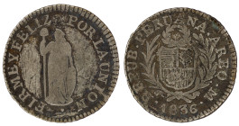 Moneda Republicana. Perú. ½ Real. 1836. M. - Mariano Valdez Hurtado. AREQUIPA. Anv: REPUB · PERUANA · AREQ · M 1836. Escudo de Perú. // Rev: FIRME Y F...