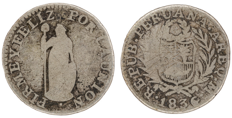 Moneda Republicana. Perú. ½ Real. 1836. M. - Mariano Valdez Hurtado. AREQUIPA. A...