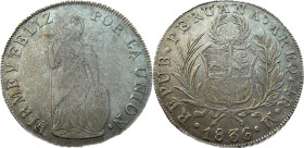 Moneda Republicana. Perú. 4 Reales. 1836. M. - Mariano Valdez Hurtado. AREQUIPA. Anv: REPUB · PERUANA · AREQ · 4R · M · 1836. Escudo de Perú. // Rev: ...