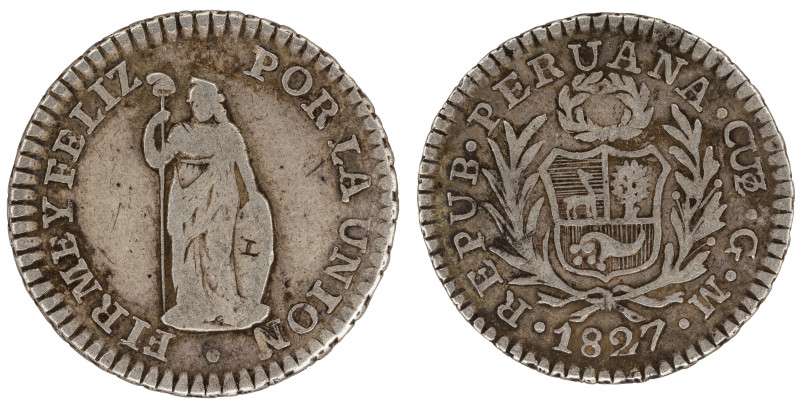 Moneda Republicana. Perú. ½ Real. 1827. G.M. - Gregorio Carril. CUZCO. Anv: REPU...