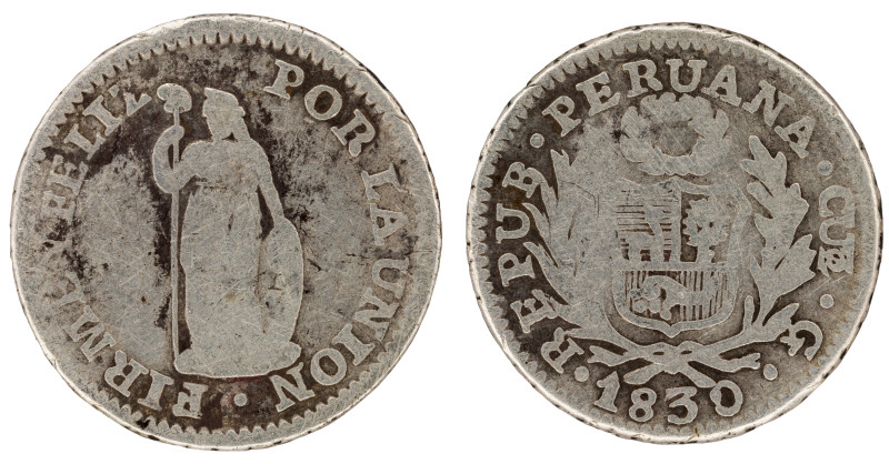 Moneda Republicana. Perú. ½ Real. 1830. G. - Gregorio Carril. CUZCO. Anv: REPUB ...