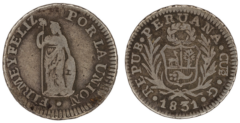 Moneda Republicana. Perú. ½ Real. 1831. G. - Gregorio Carril. CUZCO. Anv: REPUB ...