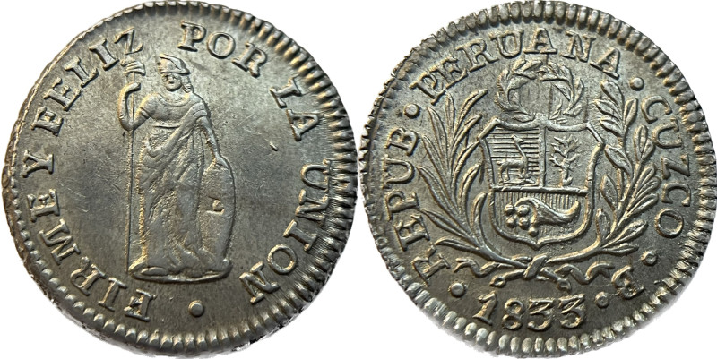 Moneda Republicana. Perú. ½ Real. 1833. B. CUZCO. Anv: REPUB · PERUANA · CUZCO ·...