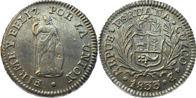 Moneda Republicana. Perú. ½ Real. 1833. B. CUZCO. Anv: REPUB · PERUANA · CUZCO · B · 1833. Escudo de Perú. // Rev: FIRME Y FELIZ POR LA UNIÓN. Liberta...