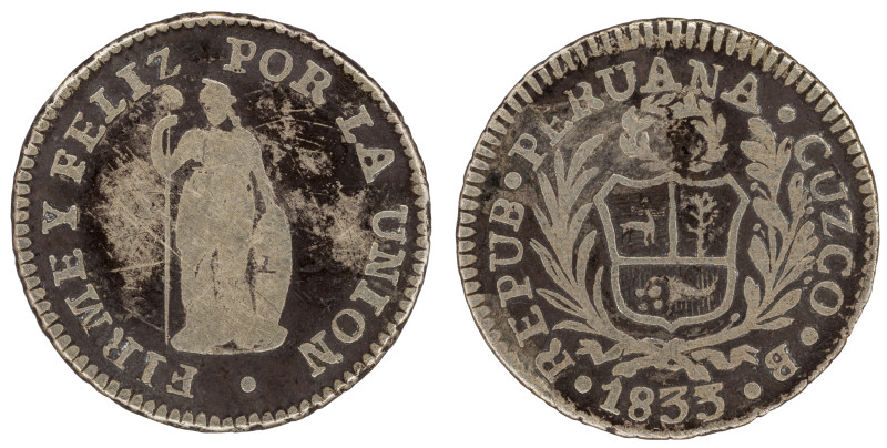 Moneda Republicana. Perú. ½ Real. 1833. B. CUZCO. Anv: REPUB · PERUANA · CUZCO ·...