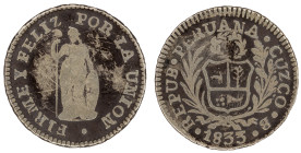 Moneda Republicana. Perú. ½ Real. 1833. B. CUZCO. Anv: REPUB · PERUANA · CUZCO · B · 1833. Escudo de Perú. // Rev: FIRME Y FELIZ POR LA UNIÓN. Liberta...