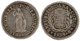 Moneda Republicana. Perú. ½ Real. 1833. B. CUZCO. Anv: REPUB · PERUANA · CUZCO · B · 1833. Escudo de Perú. // Rev: FIRME Y FELIZ POR LA UNIÓN. Liberta...