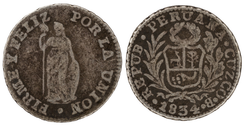 Moneda Republicana. Perú. ½ Real. 1834. B. CUZCO. Anv: REPUB · PERUANA · CUZCO ·...