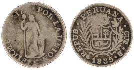 Moneda Republicana. Perú. ½ Real. 1835. B. CUZCO. Anv: REPUB · PERUANA · CUZ · B · 1835. Escudo de Perú. // Rev: FIRME Y FELIZ POR LA UNIÓN. Libertad ...