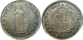 Moneda Republicana. Perú. 2 Reales. 1835. B. CUZCO. Anv: REPUB · PERUANA · CUZ · 2R · B · 1835. Escudo de Perú. // Rev: FIRME Y FELIZ POR LA UNIÓN. Li...