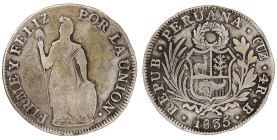 Moneda Republicana. Perú. 4 Reales. 1835. B. CUZCO. Anv: REPUB · PERUANA · CUZ · 4R · B · 1835. Escudo de Perú. // Rev: FIRME Y FELIZ POR LA UNIÓN. Li...